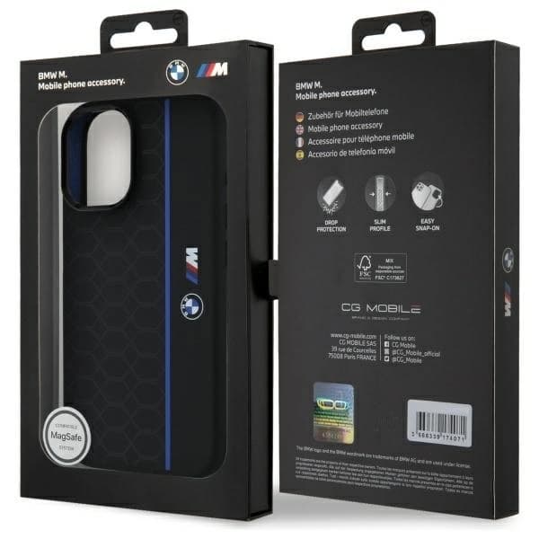 BMW telefontaske til iPhone 16 MagSafe Silikone Hexagon Blue Line Black