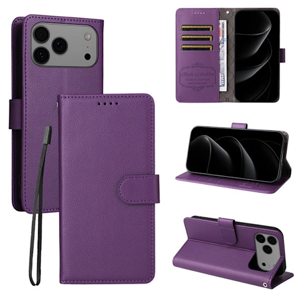iPhone 17 Pro Max Plånboksfodral RFID Blocking med Handledsrem Lila