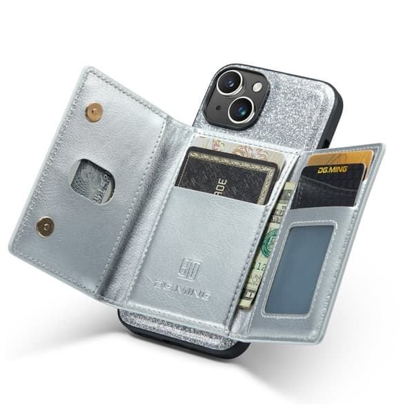 DG.MING M3 Series iPhone 15 Konstläder Plånboksfodral Magnetiskt Silver