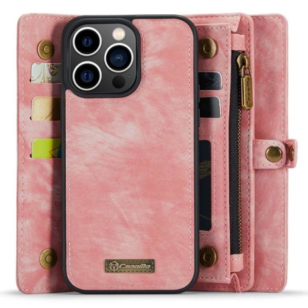 CASEME iPhone 14 Pro lompakkokotelo aitoa nahkaa irrotettava - vaaleanpunainen