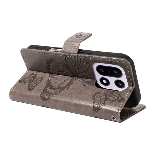 OnePlus 15 5G Konstläder Plånboksfodral Floral Butterfly Imprinted Grå