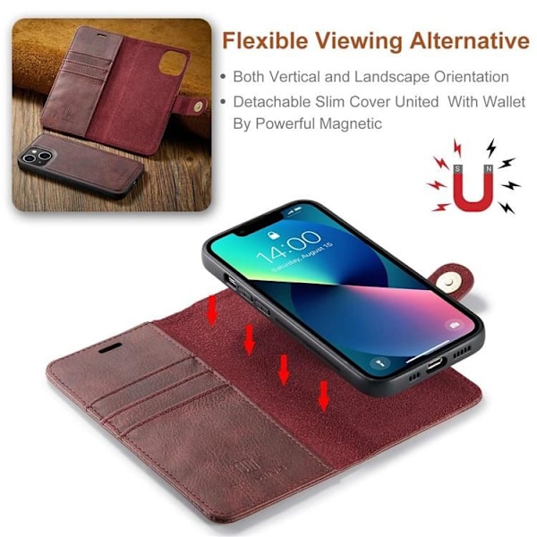 DG.MING iPhone 15 Plus Plånboksfodral Äkta Läder 2in1 - Röd