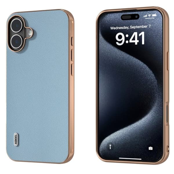ABEEL Mobilskal till iPhone 16 Plus Electropläterad Äkta Läder - Ljusblå