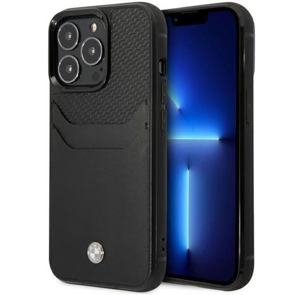 BMW-puhelinkotelo iPhone 14 Pro -korttipidikkeellä nahkaa - Musta Black