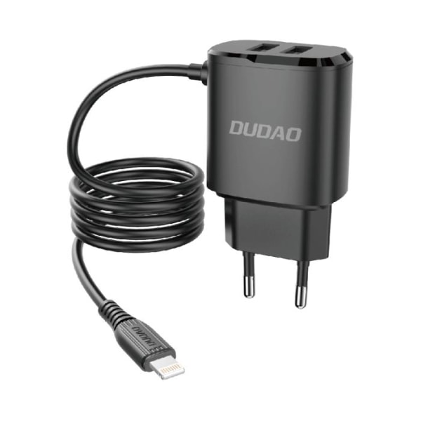 Dudao 2x USB Vægoplader med indbygget lightning 12 W Kabel Sort Black