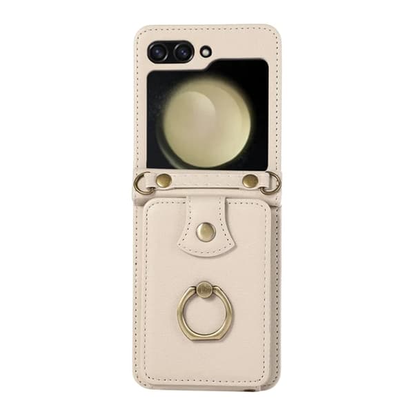 Galaxy Z Flip7 Plånboksfodral Ring Kickstand med Lång rem - Beige Beige