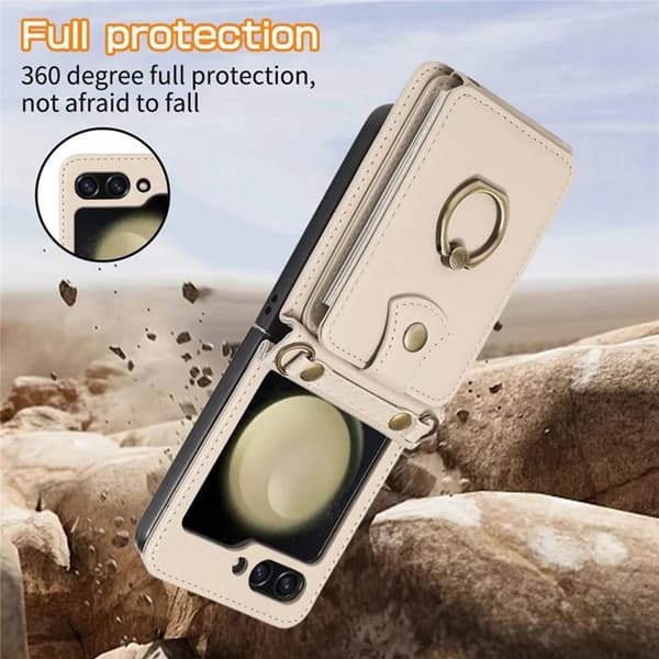 Galaxy Z Flip7 Plånboksfodral Ring Kickstand med Lång rem - Beige Beige