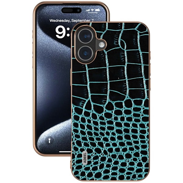 ABEEL Mobilskal till iPhone 16 Plus Electroplating Äkta Läder Grön