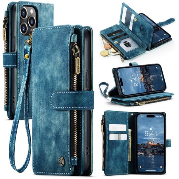 CASEME iPhone 15 Pro Wallet Case C30 vetoketju - sininen