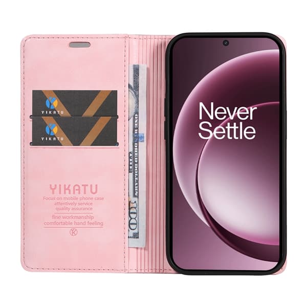 YIKATU OnePlus 15 Plånboksfodral Litchi Closure Konstläder Rosa