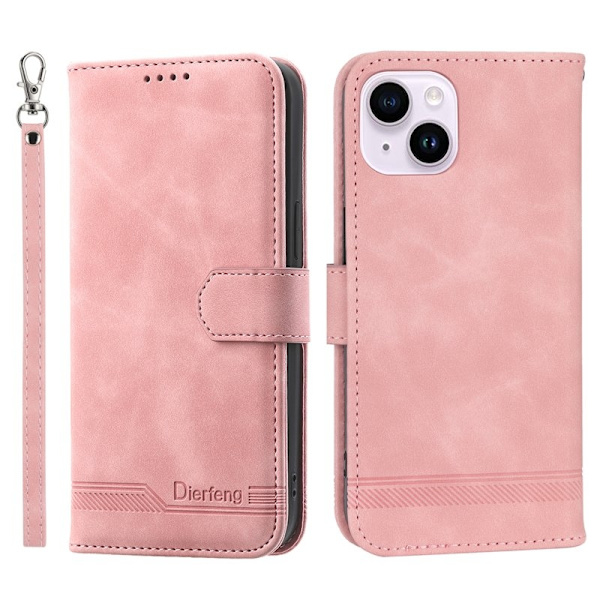 DIERFENG DF-03 Plånboksfodral i Konstläder för iPhone 15 - Rosa