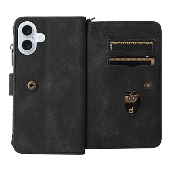 iPhone 17 Konstläder Plånboksfodral Zipper Rem Svart