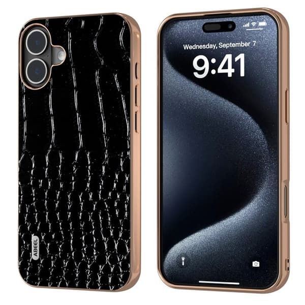 ABEEL Mobilskal till iPhone 16 Plus Electroplating Äkta Läder - Svart