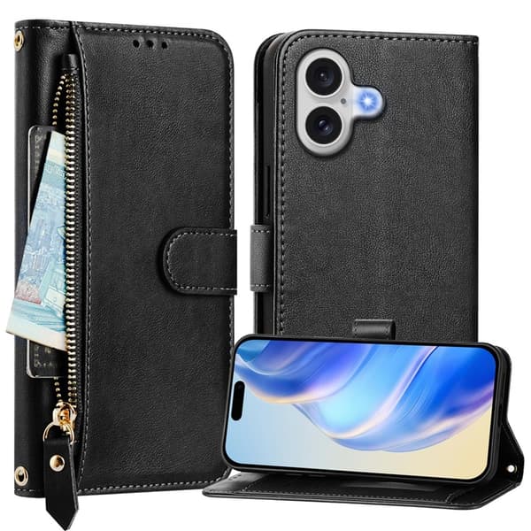 iPhone 17 Plånboksfodral Zipper Pocket Läder - Svart Svart