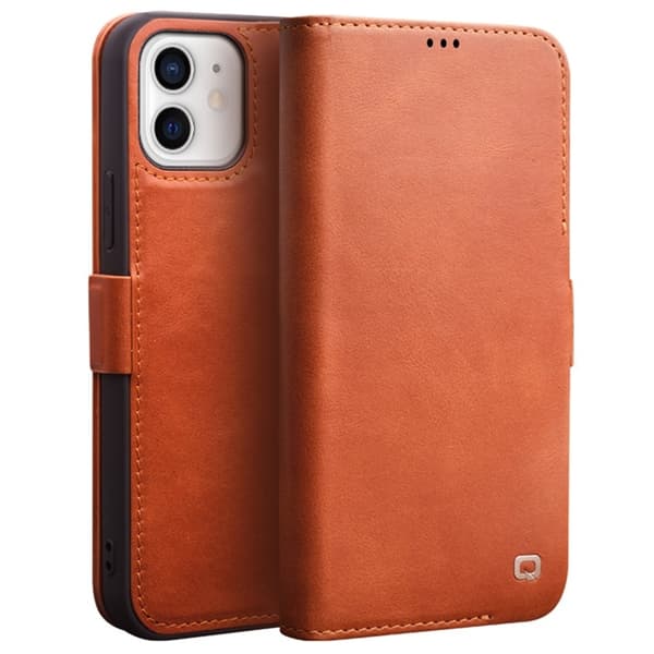 QIALINO iPhone 12 mini Plånboksfodral Äkta Läder Magnetisk Brun
