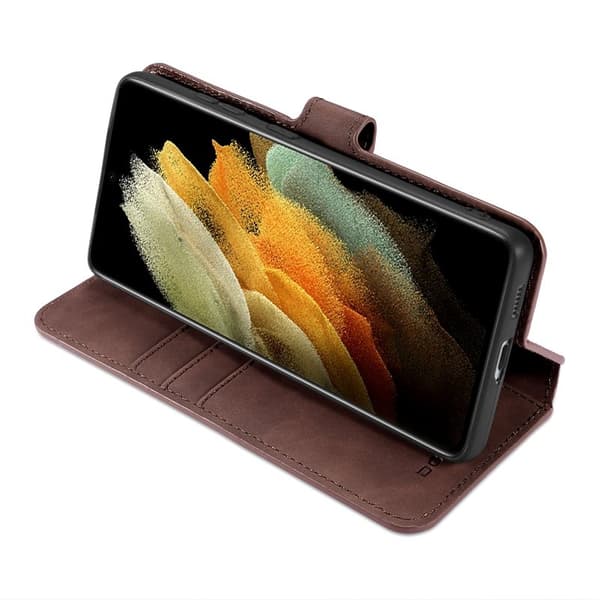 DG.MING Retro Konstläderplånboksfodral för Samsung Galaxy S21 Ultra - Brun