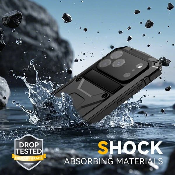 R-JUST Mobilskal till iPhone 17 Pro PC + Silikon + Metall Ställ - Svart