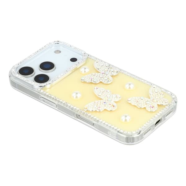 Mobilskal till iPhone 17 Pro Max Rhinestone Edge Pearl Butterfly Gul