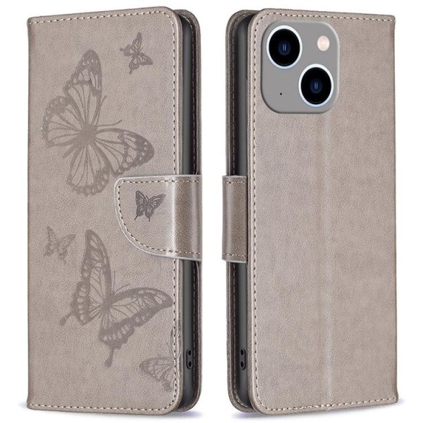 iPhone 14 tegnebog etui Butterfly påtrykt - Grå