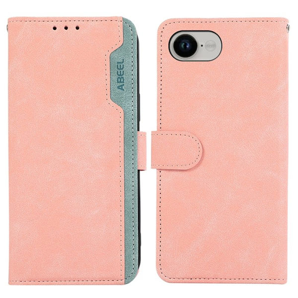 ABEEL iPhone 16e Plånboksfodral Splicing Konstläder RFID-Skydd - Rosa