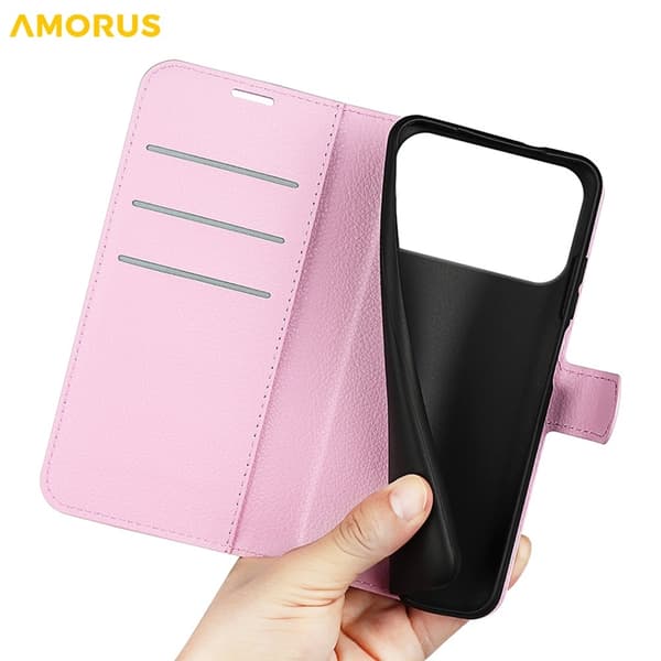 AMORUS iPhone 17 Pro Konstläder Plånboksfodral Flipstativ Litchi - Rosa Rosa