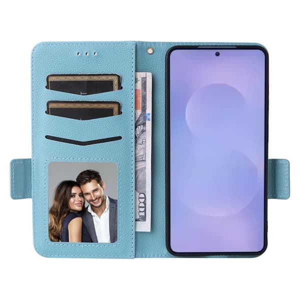 Galaxy S26/S26 Pro Plånboksfodral Litchi Konstläder med Rem - Blå Blå