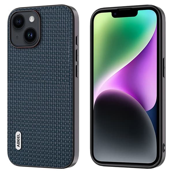 ABEEL Mobilskal till iPhone 14 Plus Äkta Läder Coated PC+TPU Blå