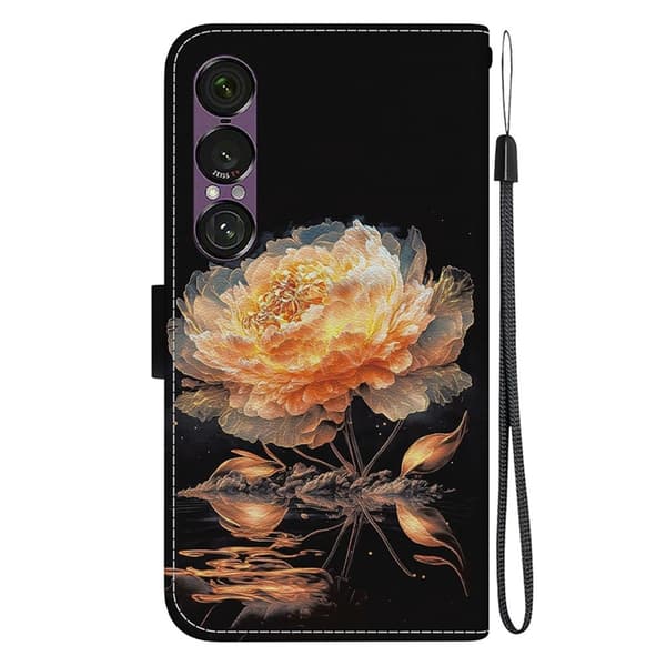 Sony Xperia 1 VII Konstläder Plånboksfodral Pattern Printing - Guld Peony Guld