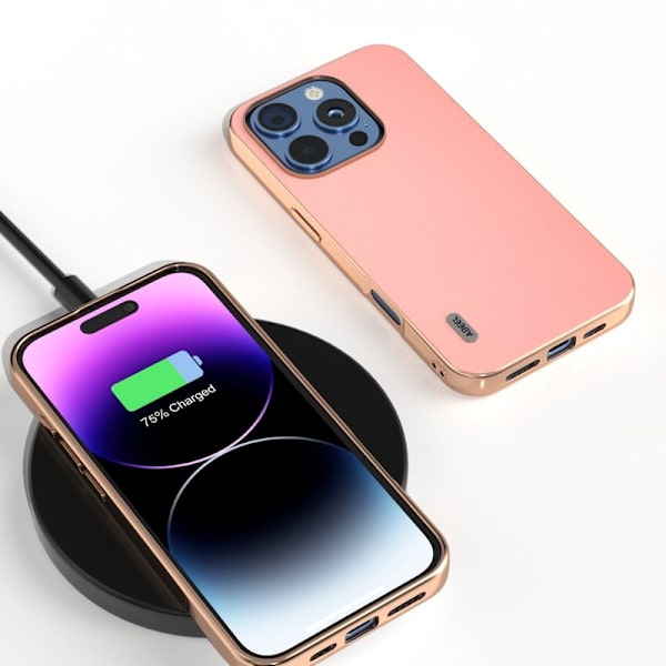 ABEEL iPhone 16 Pro Plånboksfodral Electroplating KantÄkta Läder Rosa
