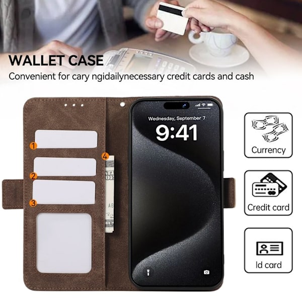 ABEEL iPhone 15 Pro Max Plånboksfodral Konstläder Ställ RFID Skydd - Brun