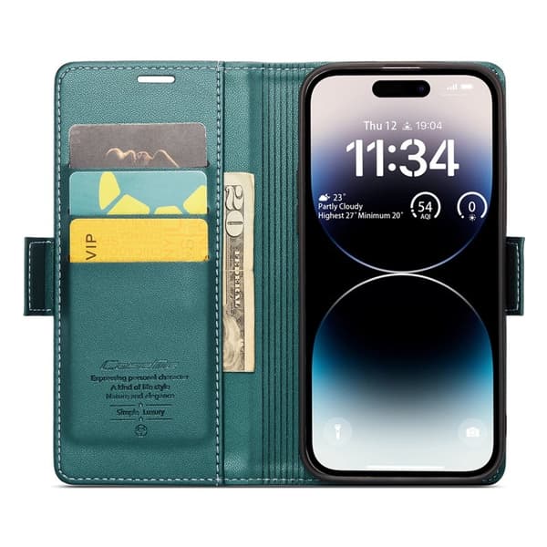 CASEME iPhone 14 Pro Max Plånboksfodral Konstläder RFID-Skydd Grön