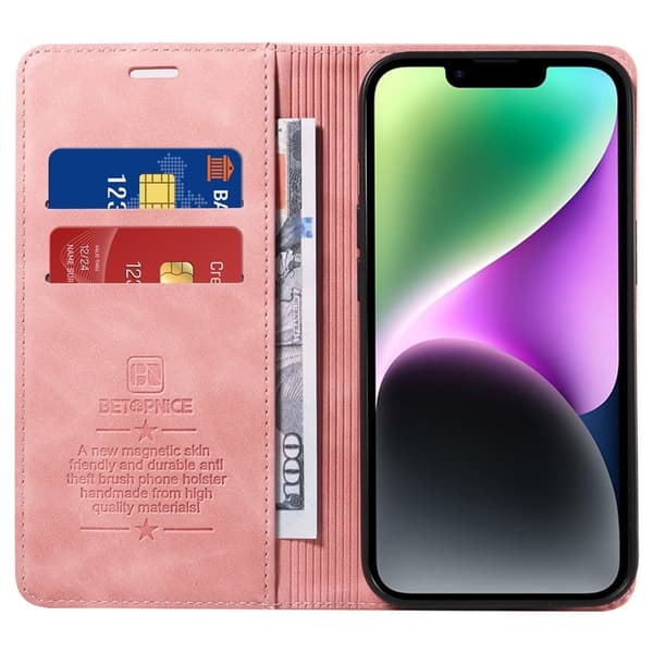BETOPNICE 003 iPhone 15 Plånboksfodral i Konstläder - RFID Blocker - Rosa