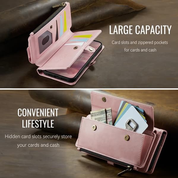 Caseme iPhone 16e Konstläder Plånboksfodral RFID-Skydd Zipper - Rosa Rosa