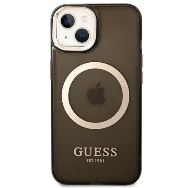 GUESS iPhone 14 Skal Magsafe Gold Outline Translucent - Musta Black