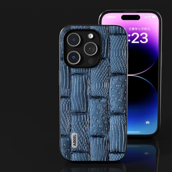 ABEEL Mobilskal till iPhone 15 Pro Mahjong Textur Blå Äkta Läder+PC+TPU