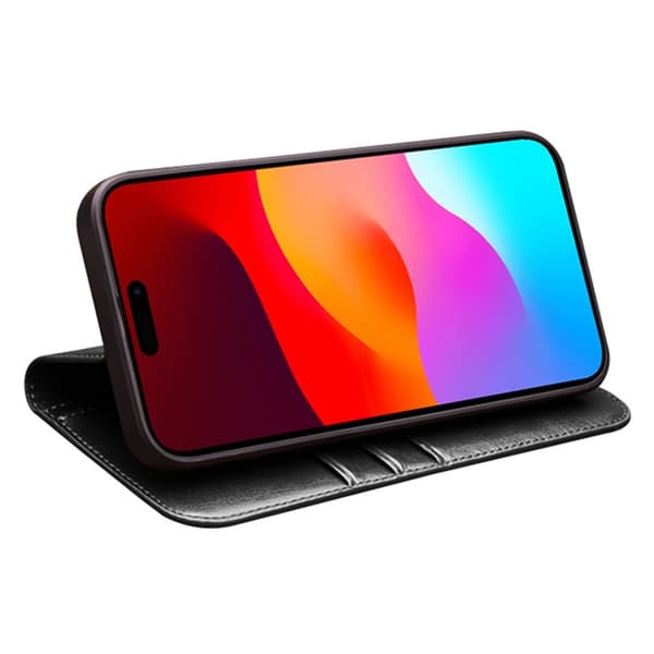 QIALINO iPhone 15 Plånboksfodral Äkta Läder Cowhide - Svart Brun