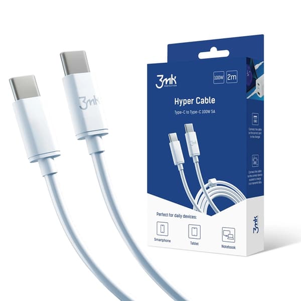 3mK Hyper USB-C till USB-C kabel 100W 2m - Vit Vit