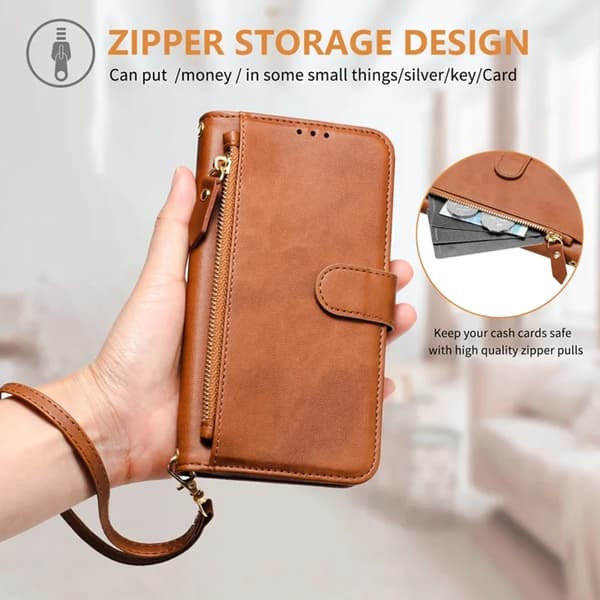 Sony Xperia 10 VII Konstläder Plånboksfodral Zipper Pocket - Brun Brun
