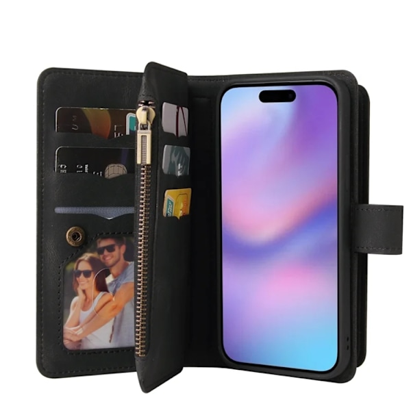 iPhone 17 Konstläder Plånboksfodral Zipper Rem Svart