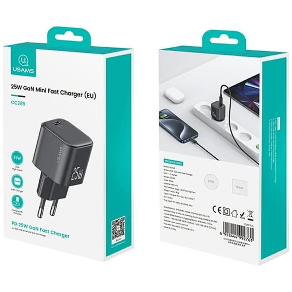 USAMS Hurtigoplader 25W USB-C GaN Mini JC CC289 - Sort Svart