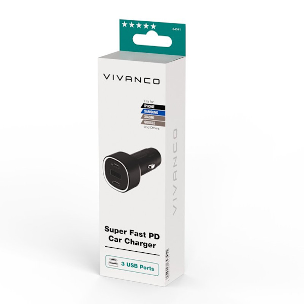 Vivanco Supersnabb 60W Billaddare 2xUSB-C 30W/1xUSB-A 18W
