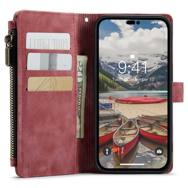 CASEME Konstläder Plånboksfodral för iPhone 14 Pro Max med Rem - Röd