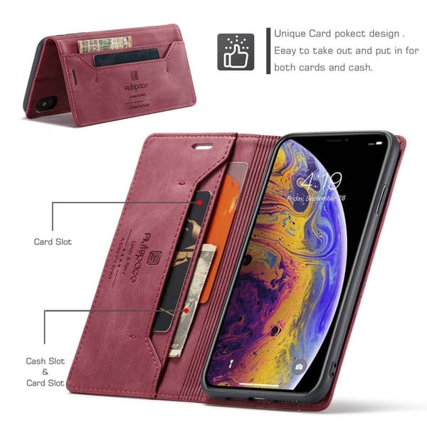 AUTSPACE A01 iPhone X/XS Plånboksfodral Konstläder - RFID Blocker - Röd