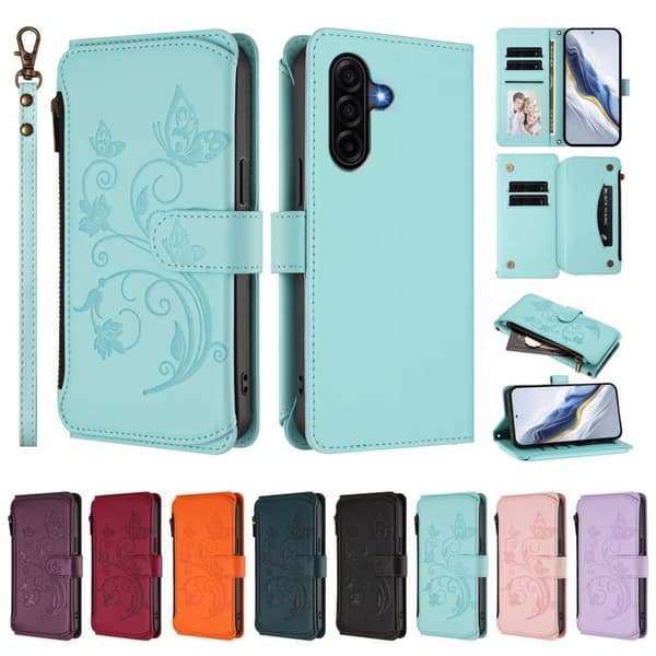 Samsung Galaxy A57 Plånboksfodral Konstläder Blommönster - Mintgrön
