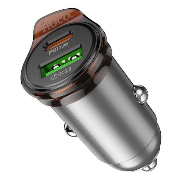 HOCO Billaddare USB-A/USB-C 43W USB-C/Lightning Kabel PD QC Grå