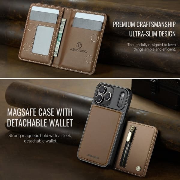 JEEHOOD J12 Plånboksfodral iPhone 17 Pro Magnetisk Konstläder Brun