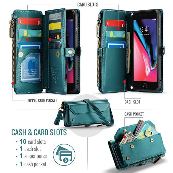 CASEME Plånboksfodral Konstläder för iPhone 6 Plus/7 Plus/8 Plus - Grön