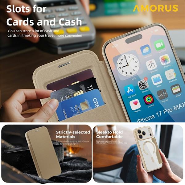AMORUS iPhone 17 Pro Plånboksfodral MagSafe RFID-Skydd - Guld Guld