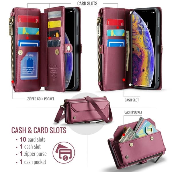 CASEME Plånboksfodral Konstläder för iPhone XS Max med kortfack - Vinröd