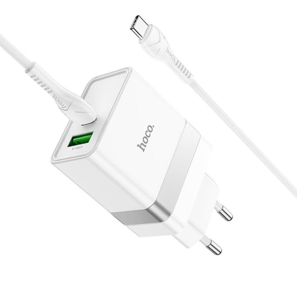 Hoco Väggladdare 2-Port USB/USB-C Med USB-C Kabel - Vit